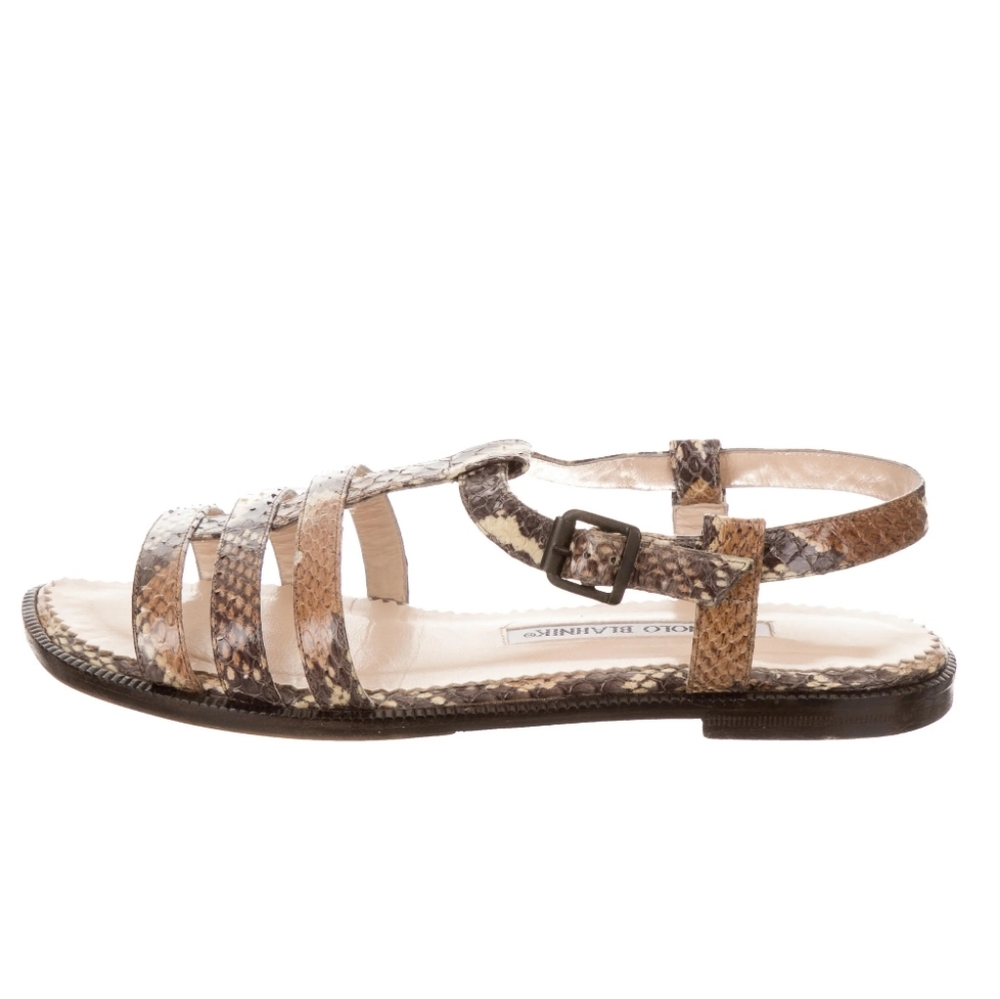 MANOLO BLAHNIK Tarpeny Snakeskin Print Gladiator Sandals Size 37.5